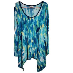 𝅺ECI New York Blouse Xlarge Blue Green Diamond Long Sleeve Asymetrical Hem